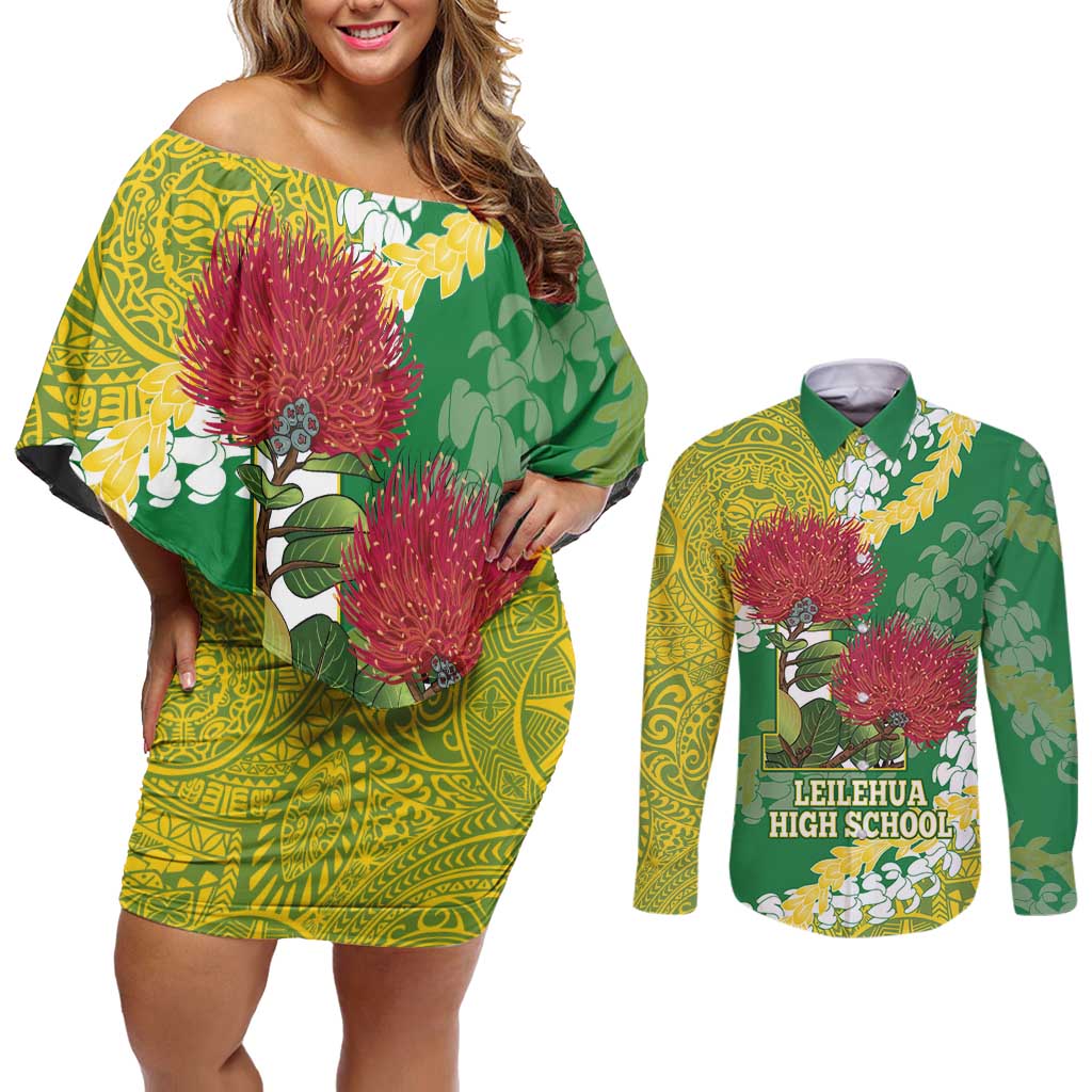 Personalized Leilehua Hawaii High School Couples Matching Off Shoulder Short Dress and Long Sleeve Button Shirt Puakenikeni Lei Hawaiian Pattern - Polynesian Pride