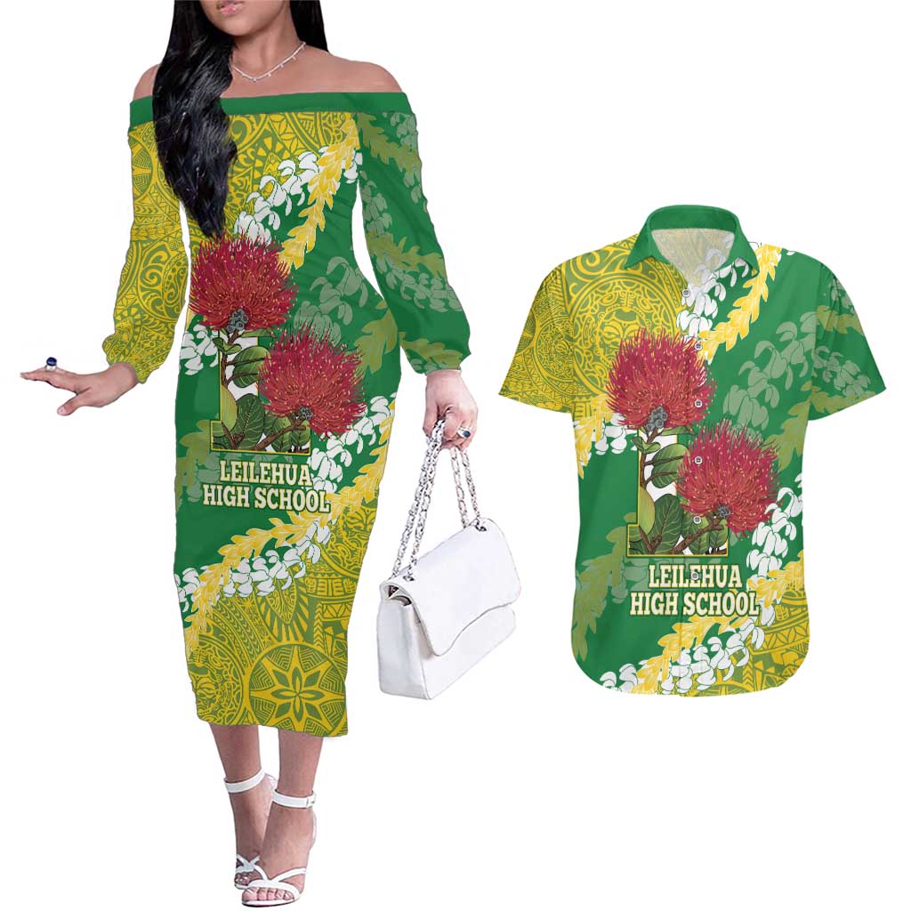 Personalized Leilehua Hawaii High School Couples Matching Off The Shoulder Long Sleeve Dress and Hawaiian Shirt Puakenikeni Lei Hawaiian Pattern - Polynesian Pride