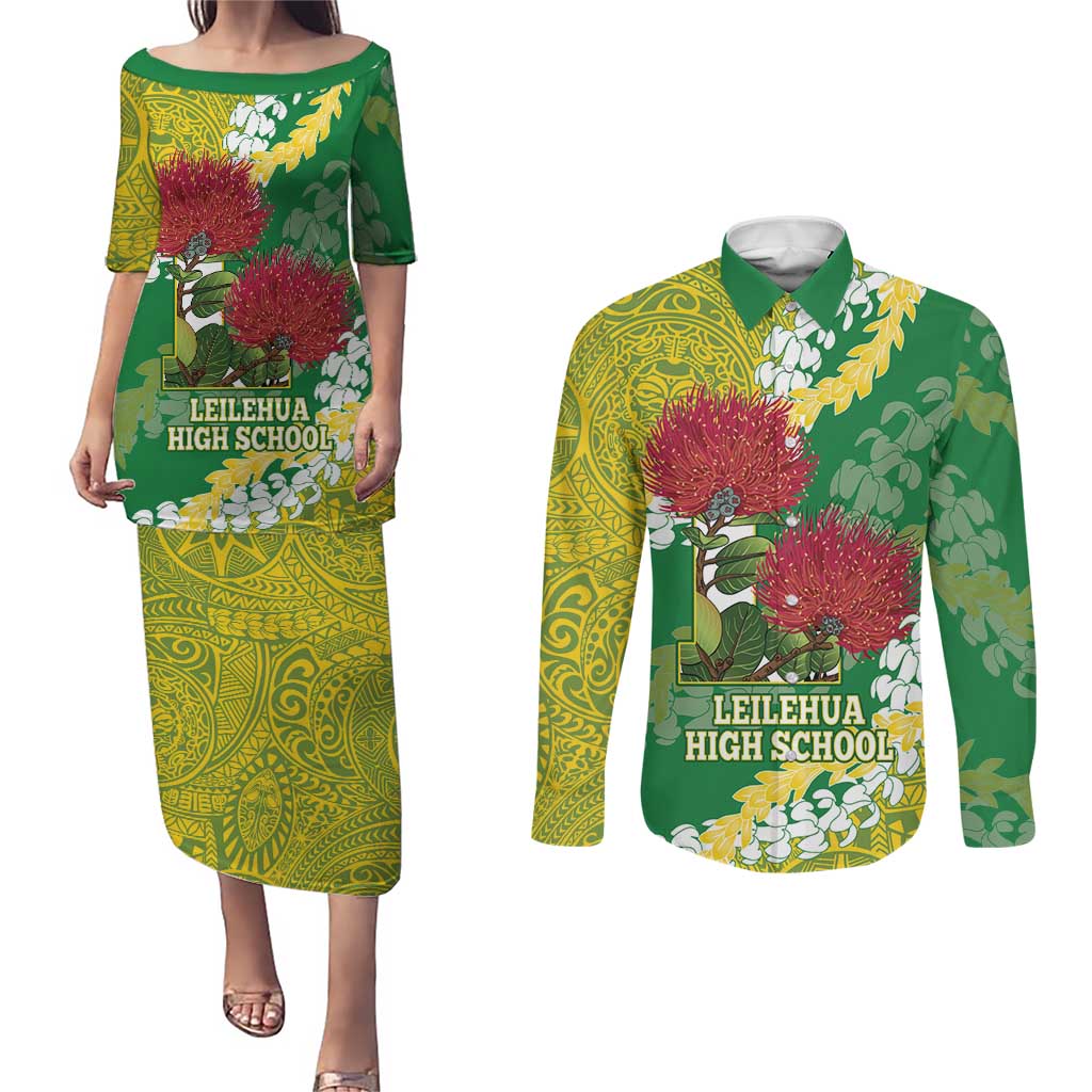 Personalized Leilehua Hawaii High School Couples Matching Puletasi and Long Sleeve Button Shirt Puakenikeni Lei Hawaiian Pattern LT14 Green - Polynesian Pride