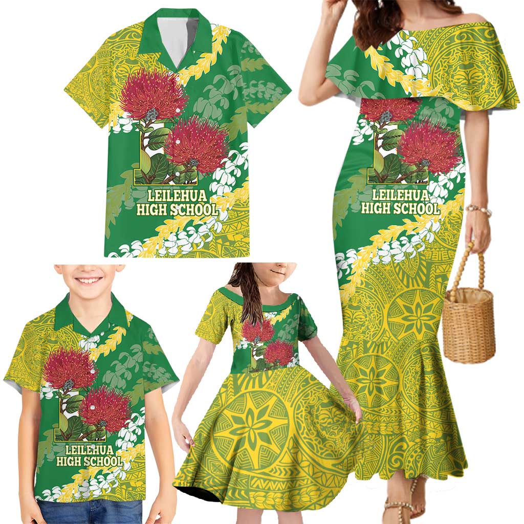 Personalized Leilehua Hawaii High School Family Matching Mermaid Dress and Hawaiian Shirt Puakenikeni Lei Hawaiian Pattern - Polynesian Pride