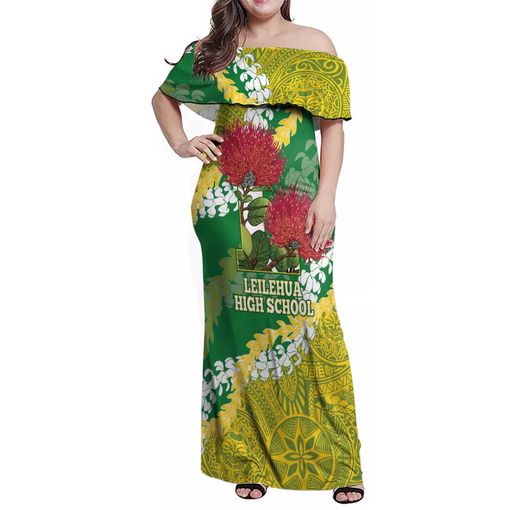Personalized Leilehua Hawaii High School Family Matching Off Shoulder Maxi Dress and Hawaiian Shirt Puakenikeni Lei Hawaiian Pattern - Polynesian Pride
