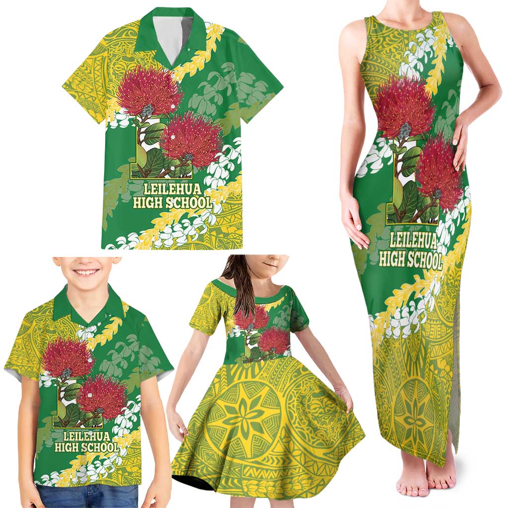 Personalized Leilehua Hawaii High School Family Matching Tank Maxi Dress and Hawaiian Shirt Puakenikeni Lei Hawaiian Pattern - Polynesian Pride