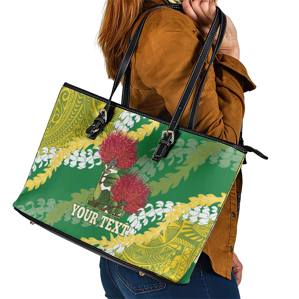 Personalized Leilehua Hawaii High School Leather Tote Bag Puakenikeni Lei Hawaiian Pattern - Polynesian Pride