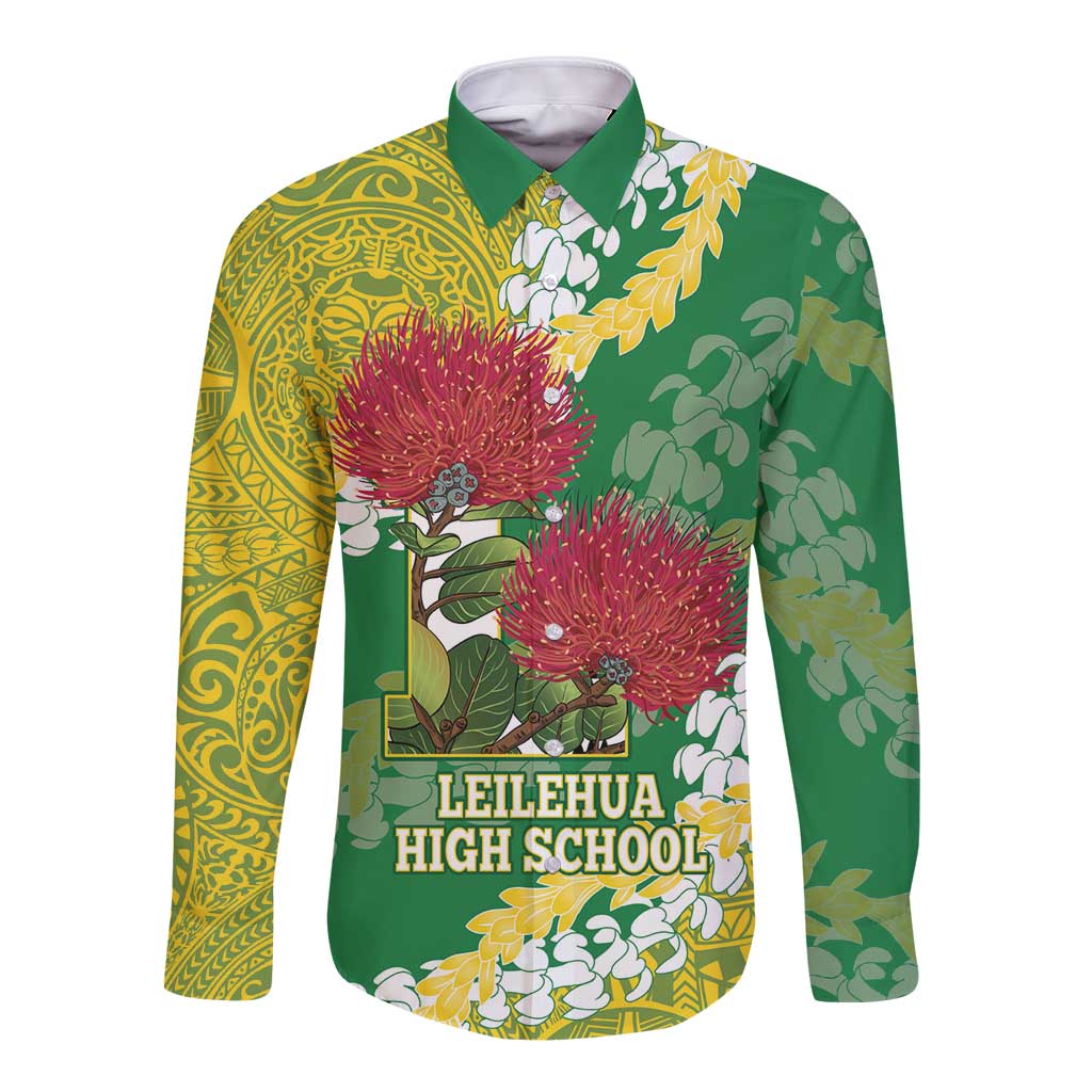 Personalized Leilehua Hawaii High School Long Sleeve Button Shirt Puakenikeni Lei Hawaiian Pattern LT14 Unisex Green - Polynesian Pride