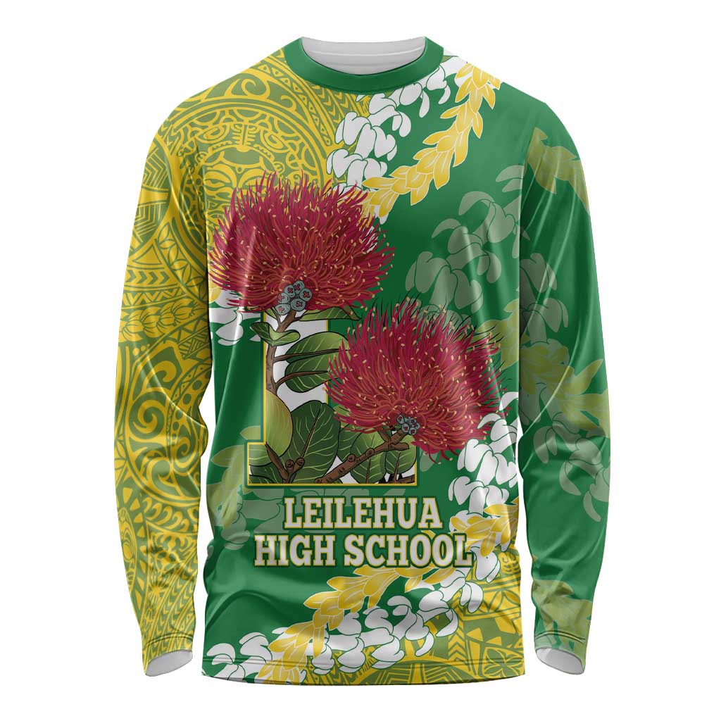 Personalized Leilehua Hawaii High School Long Sleeve Shirt Puakenikeni Lei Hawaiian Pattern LT14 Unisex Green - Polynesian Pride
