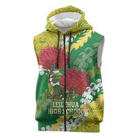 Personalized Leilehua Hawaii High School Sleeveless Zip Hoodie Puakenikeni Lei Hawaiian Pattern LT14 Green - Polynesian Pride