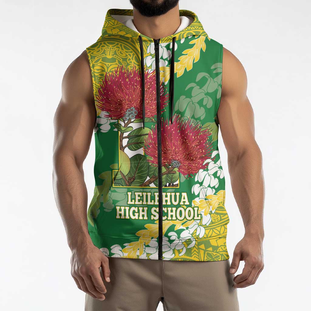 Personalized Leilehua Hawaii High School Sleeveless Zip Hoodie Puakenikeni Lei Hawaiian Pattern LT14 - Polynesian Pride