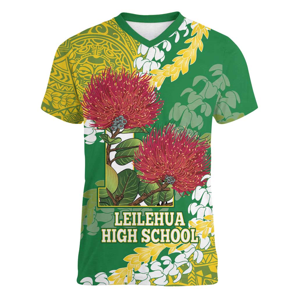 Personalized Leilehua Hawaii High School Women V-Neck T-Shirt Puakenikeni Lei Hawaiian Pattern LT14 Female Green - Polynesian Pride