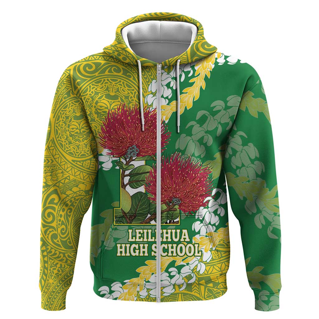 Personalized Leilehua Hawaii High School Zip Hoodie Puakenikeni Lei Hawaiian Pattern LT14 Zip Hoodie Green - Polynesian Pride