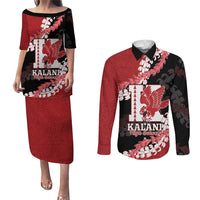Personalized Kalani Hawaii High School Couples Matching Puletasi and Long Sleeve Button Shirt Puakenikeni Lei Hawaiian Pattern LT14 Red - Polynesian Pride