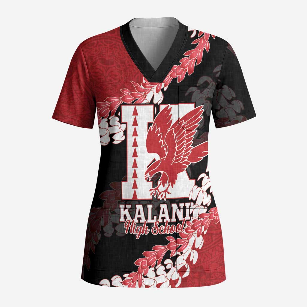 Personalized Kalani Hawaii High School Scrub Top Puakenikeni Lei Hawaiian Pattern LT14 Adult Red - Polynesian Pride