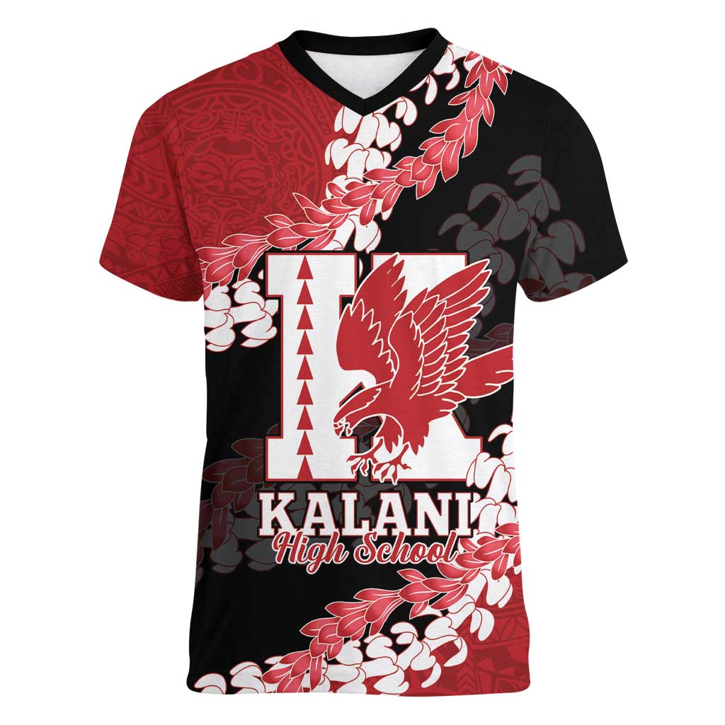 Personalized Kalani Hawaii High School Women V-Neck T-Shirt Puakenikeni Lei Hawaiian Pattern LT14 Female Red - Polynesian Pride