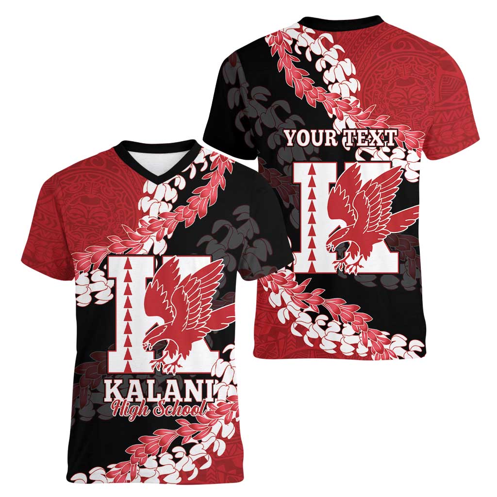 Personalized Kalani Hawaii High School Women V-Neck T-Shirt Puakenikeni Lei Hawaiian Pattern LT14 - Polynesian Pride