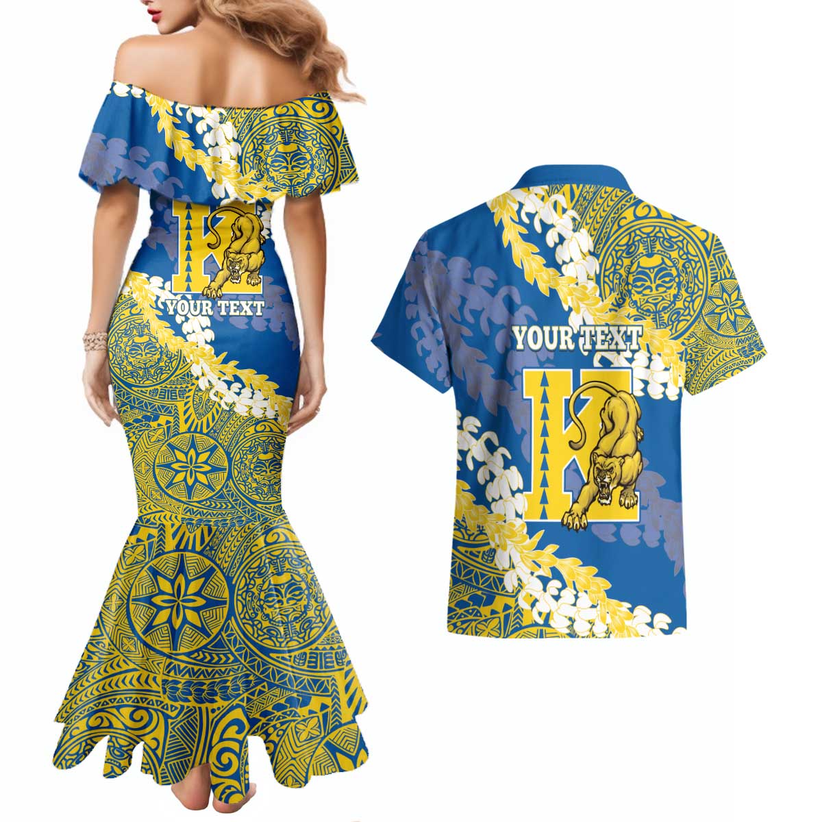 Personalized Kaiser Hawaii High School Couples Matching Mermaid Dress and Hawaiian Shirt Puakenikeni Lei Hawaiian Pattern - Polynesian Pride