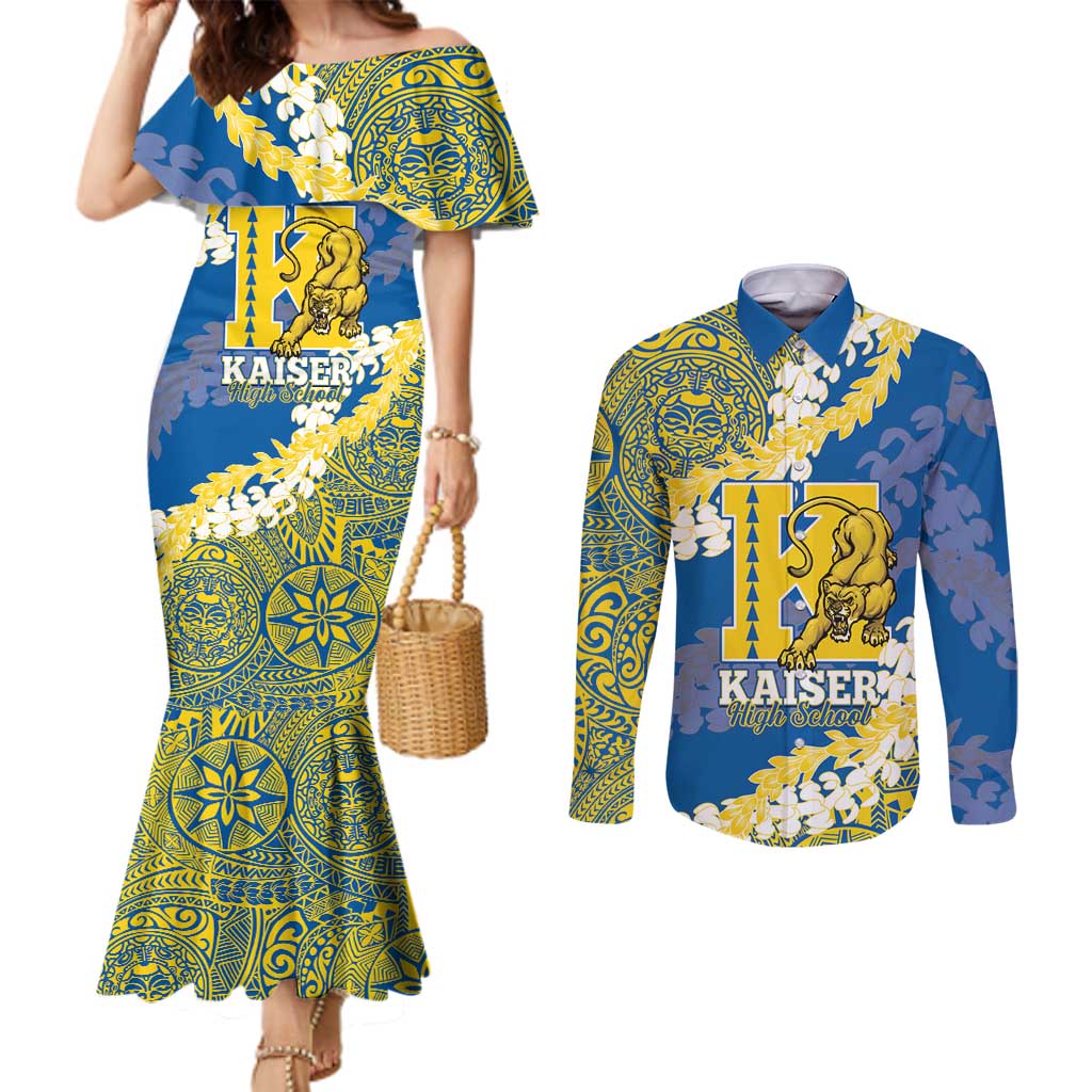 Personalized Kaiser Hawaii High School Couples Matching Mermaid Dress and Long Sleeve Button Shirt Puakenikeni Lei Hawaiian Pattern - Polynesian Pride