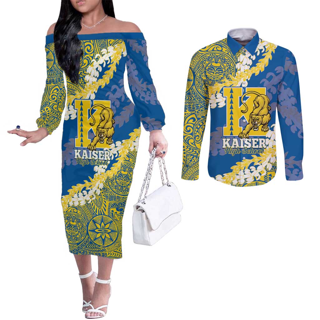 Personalized Kaiser Hawaii High School Couples Matching Off The Shoulder Long Sleeve Dress and Long Sleeve Button Shirt Puakenikeni Lei Hawaiian Pattern - Polynesian Pride