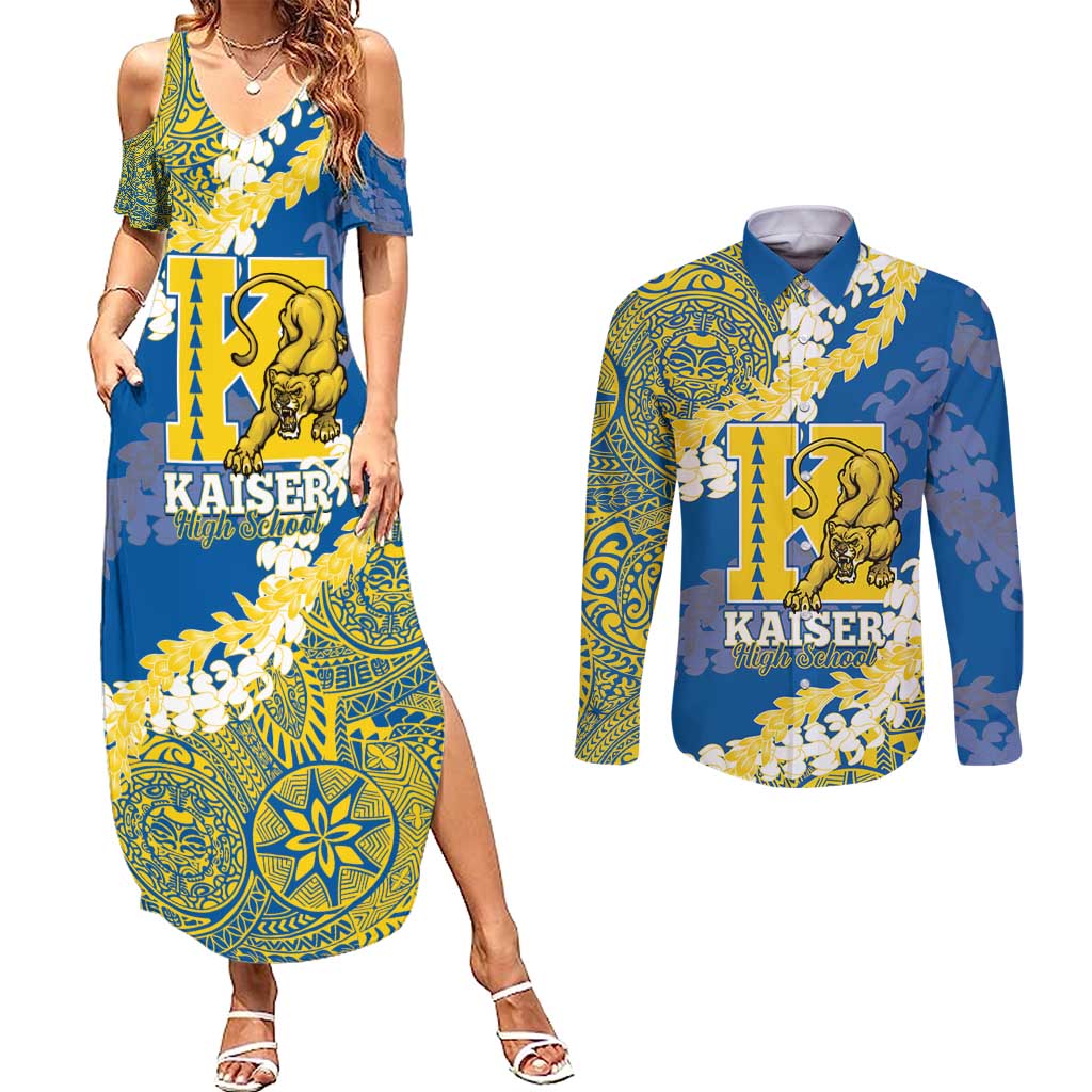Personalized Kaiser Hawaii High School Couples Matching Summer Maxi Dress and Long Sleeve Button Shirt Puakenikeni Lei Hawaiian Pattern - Polynesian Pride