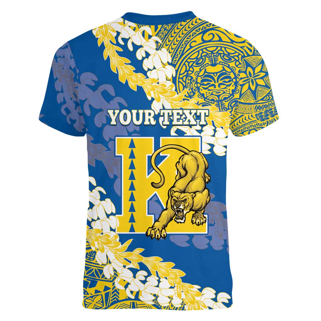 Personalized Kaiser Hawaii High School Women V-Neck T-Shirt Puakenikeni Lei Hawaiian Pattern - Polynesian Pride