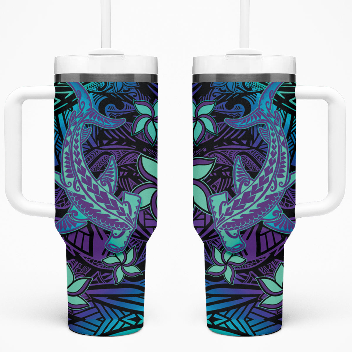 Purple Paradise Hawaiian Tribal Hammerhead Shark Tumbler With Handle