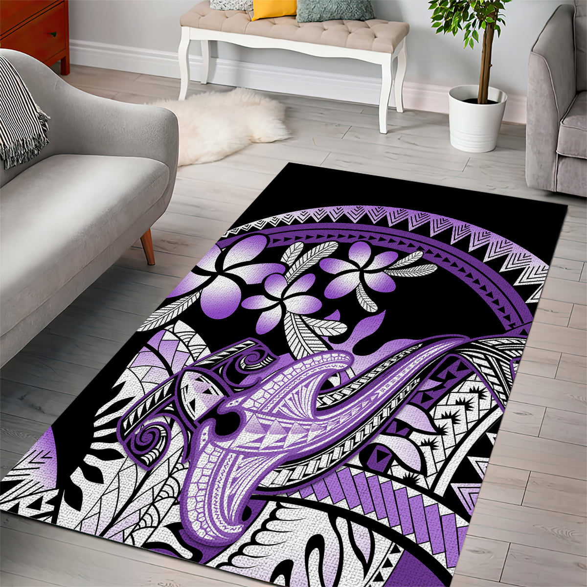 Purple Polynesian Area Rug Hammerhead Shark Tattoo Royal Plumeria Gradient Vibes LT14 - Polynesian Pride