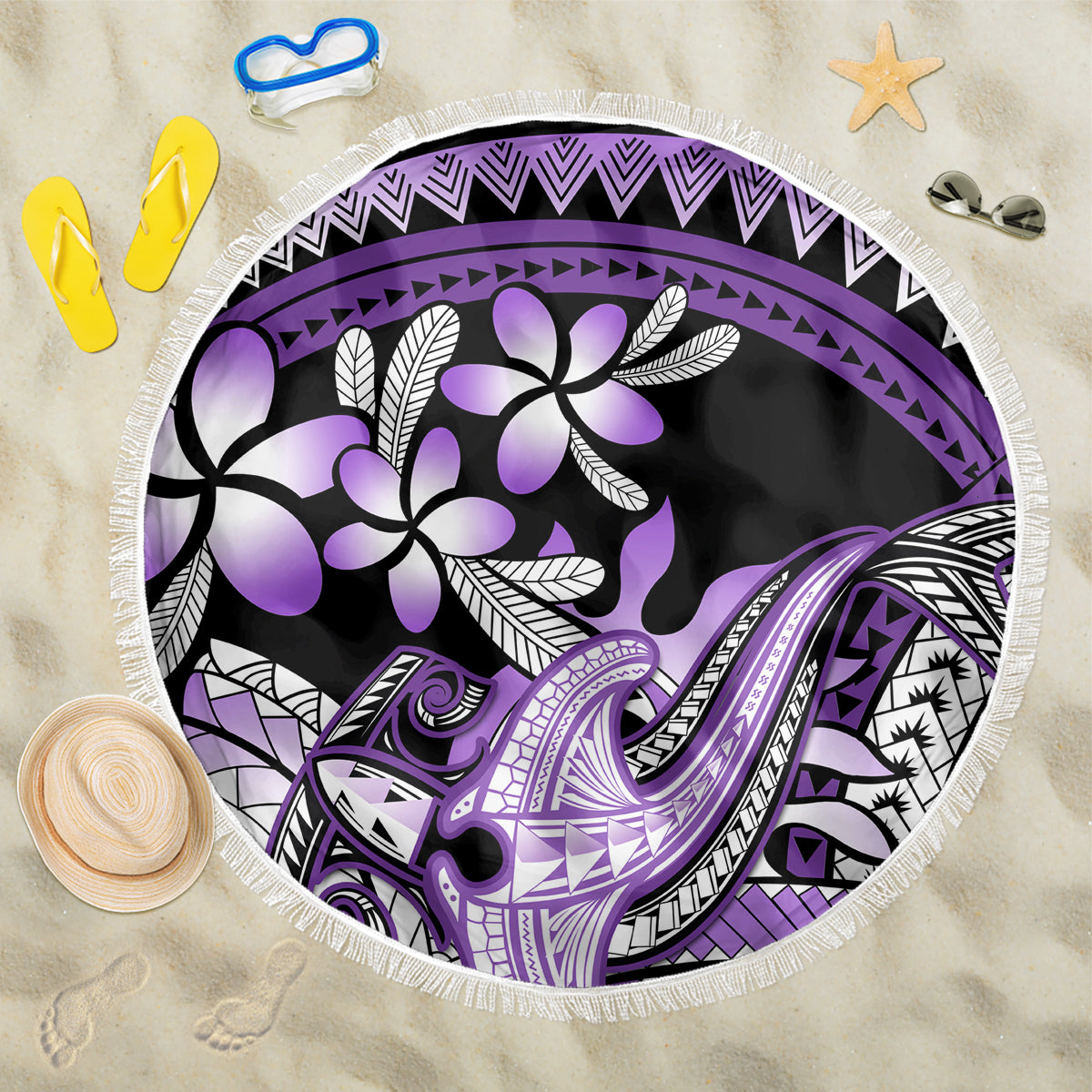 Purple Polynesian Beach Blanket Hammerhead Shark Tattoo Royal Plumeria Gradient Vibes LT14 One Size 150cm Purple - Polynesian Pride