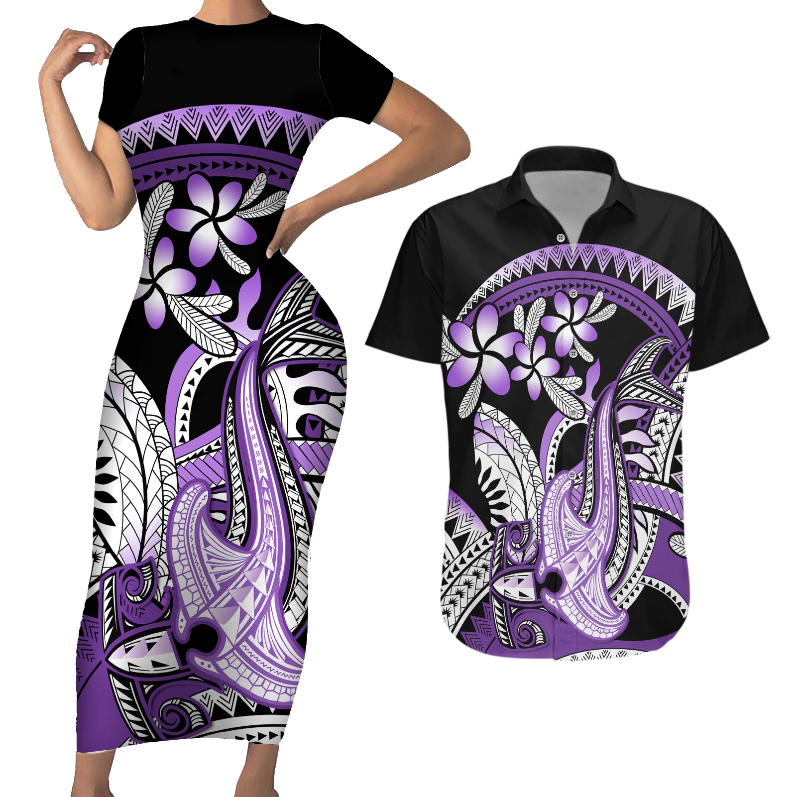 Purple Polynesian Couples Matching Short Sleeve Bodycon Dress and Hawaiian Shirt Hammerhead Shark Tattoo Royal Plumeria Gradient Vibes LT14 Purple - Polynesian Pride