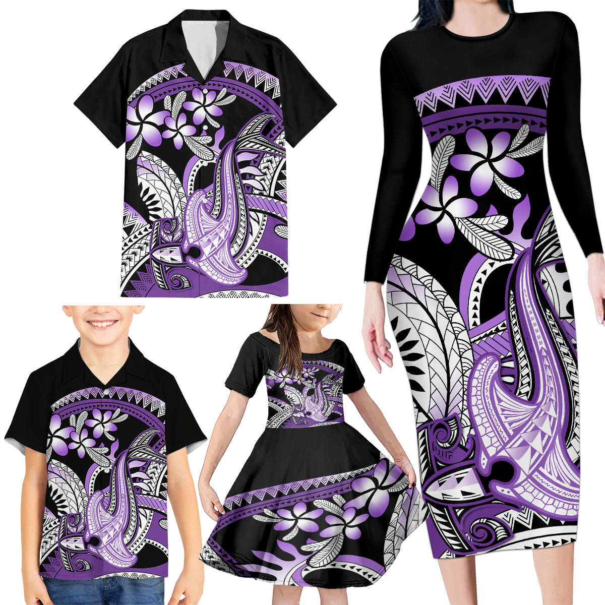 Purple Polynesian Family Matching Long Sleeve Bodycon Dress and Hawaiian Shirt Hammerhead Shark Tattoo Royal Plumeria Gradient Vibes LT14 - Polynesian Pride