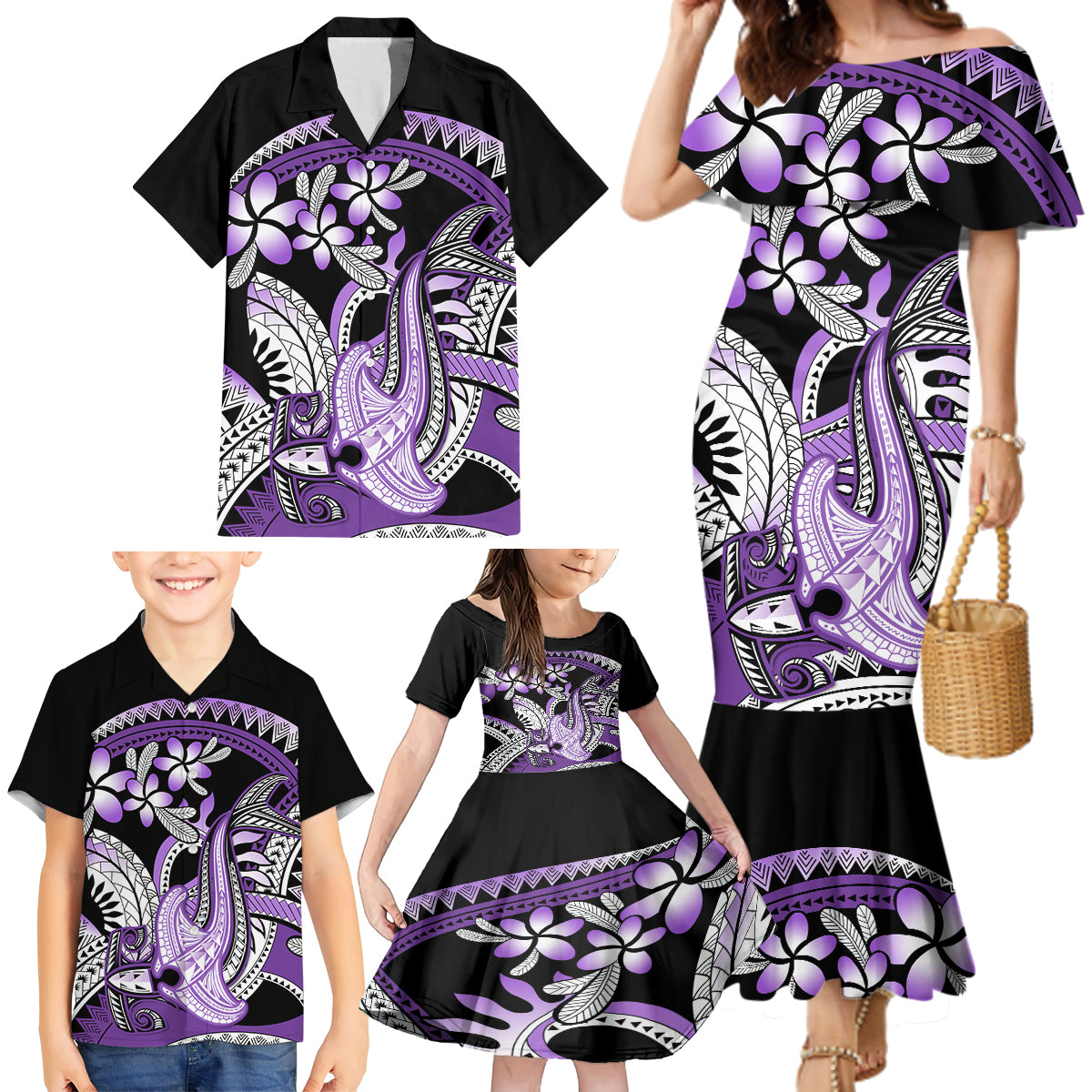 Purple Polynesian Family Matching Mermaid Dress and Hawaiian Shirt Hammerhead Shark Tattoo Royal Plumeria Gradient Vibes LT14 - Polynesian Pride