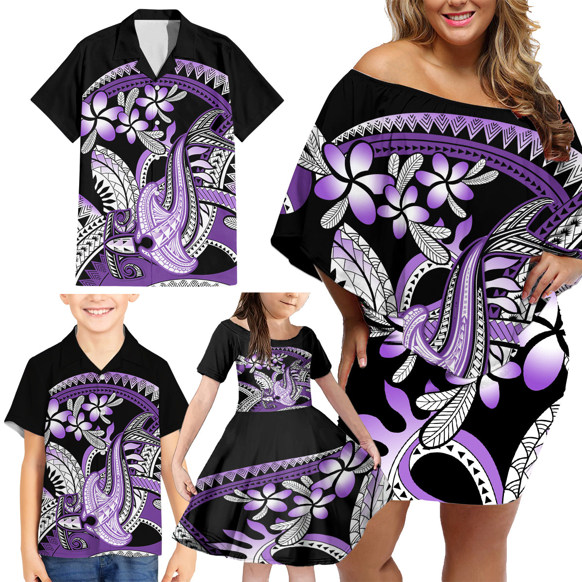 Purple Polynesian Family Matching Off Shoulder Short Dress and Hawaiian Shirt Hammerhead Shark Tattoo Royal Plumeria Gradient Vibes LT14 - Polynesian Pride