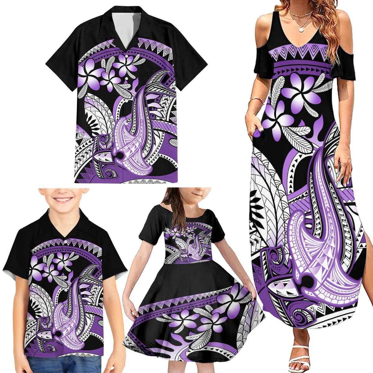 Purple Polynesian Family Matching Summer Maxi Dress and Hawaiian Shirt Hammerhead Shark Tattoo Royal Plumeria Gradient Vibes LT14 - Polynesian Pride