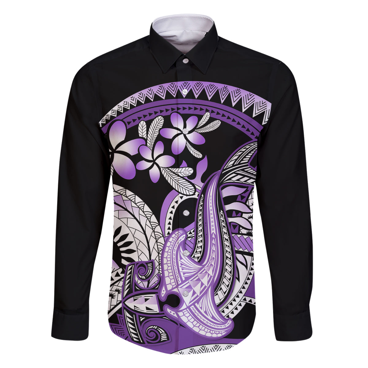 Purple Polynesian Family Matching Tank Maxi Dress and Hawaiian Shirt Hammerhead Shark Tattoo Royal Plumeria Gradient Vibes LT14 Dad's Shirt - Long Sleeve Purple - Polynesian Pride