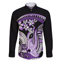 Purple Polynesian Family Matching Tank Maxi Dress and Hawaiian Shirt Hammerhead Shark Tattoo Royal Plumeria Gradient Vibes LT14 Dad's Shirt - Long Sleeve Purple - Polynesian Pride