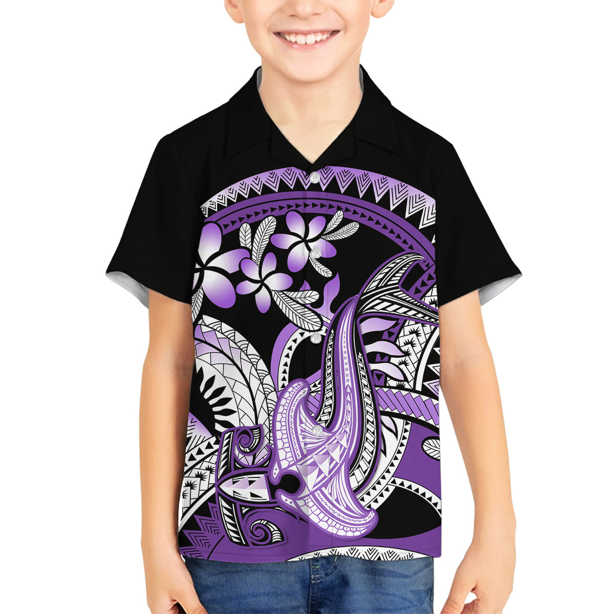 Purple Polynesian Family Matching Tank Maxi Dress and Hawaiian Shirt Hammerhead Shark Tattoo Royal Plumeria Gradient Vibes LT14 Son's Shirt Purple - Polynesian Pride