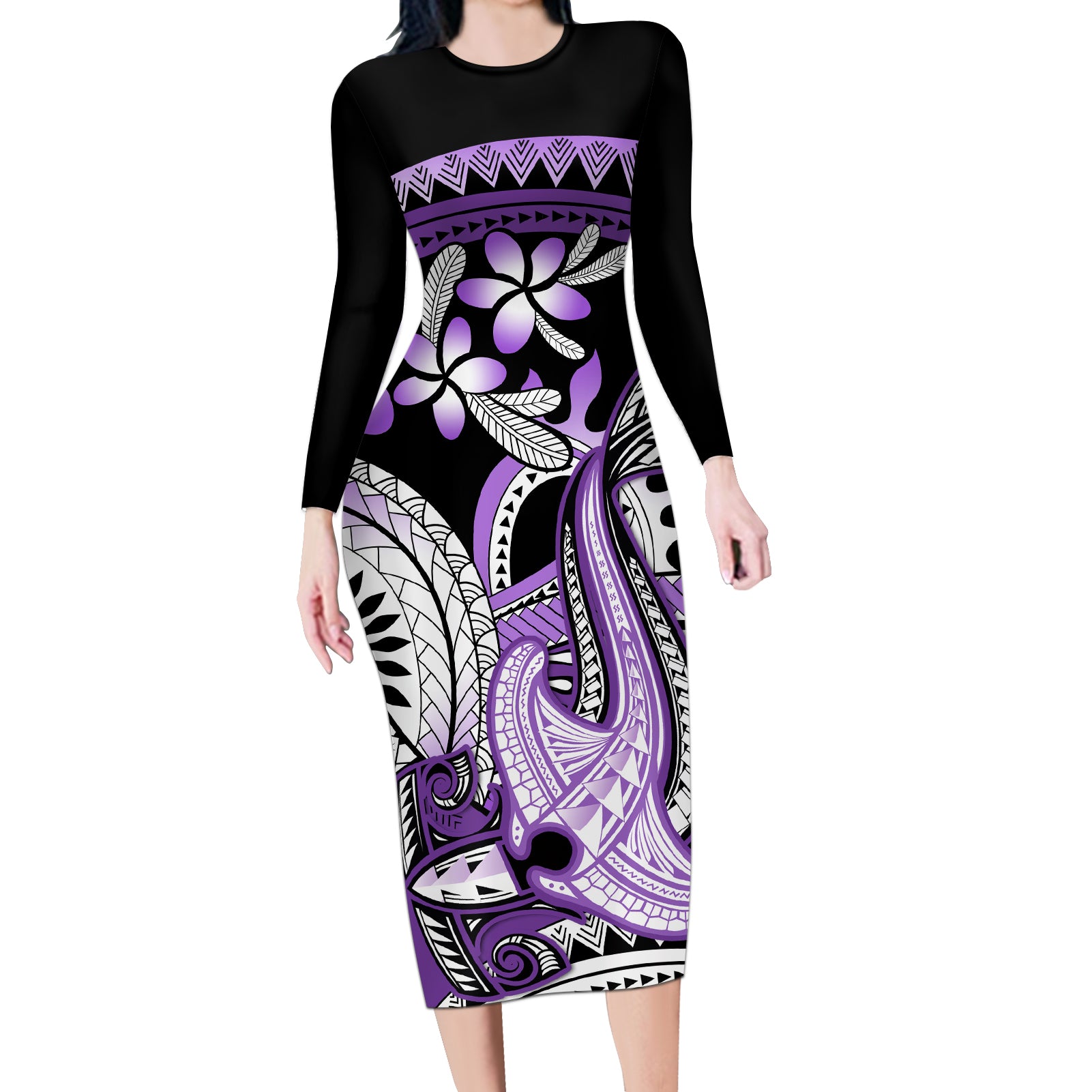 Purple Polynesian Long Sleeve Bodycon Dress Hammerhead Shark Tattoo Royal Plumeria Gradient Vibes LT14 Long Dress Purple - Polynesian Pride