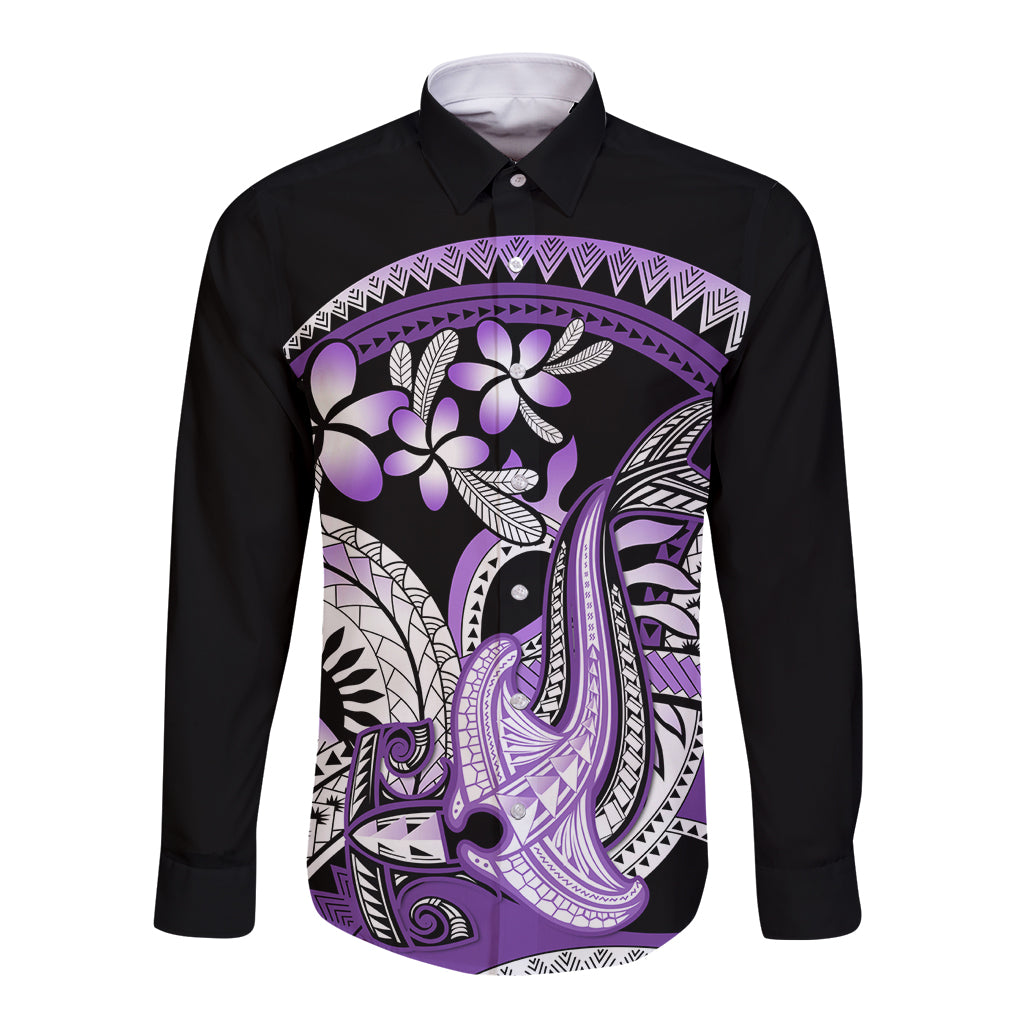 Purple Polynesian Long Sleeve Button Shirt Hammerhead Shark Tattoo Royal Plumeria Gradient Vibes LT14 Unisex Purple - Polynesian Pride