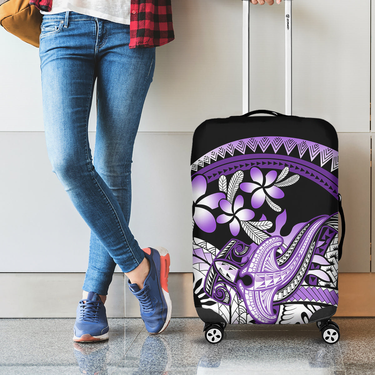 Purple Polynesian Luggage Cover Hammerhead Shark Tattoo Royal Plumeria Gradient Vibes LT14 - Polynesian Pride