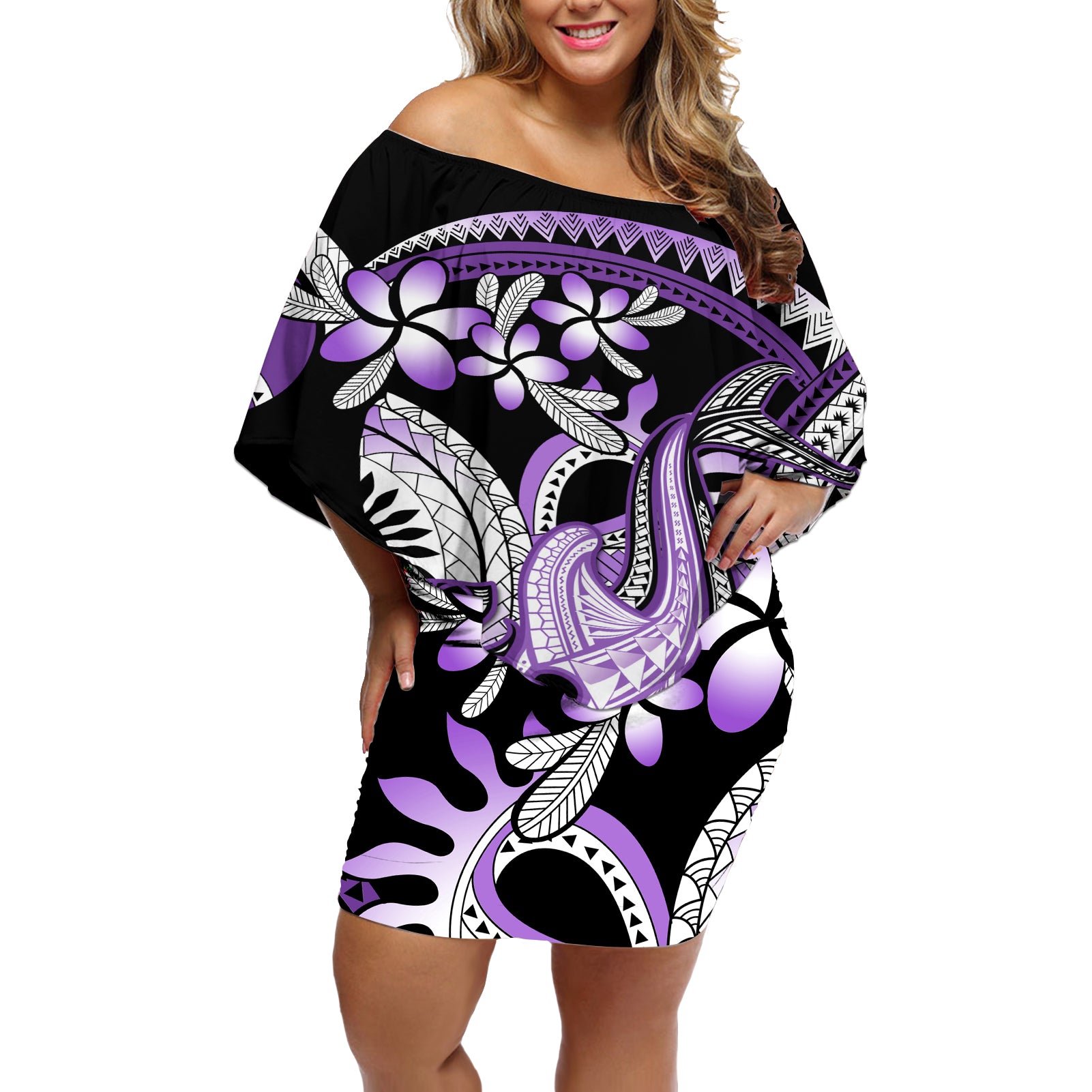 Purple Polynesian Off Shoulder Short Dress Hammerhead Shark Tattoo Royal Plumeria Gradient Vibes LT14 Women Purple - Polynesian Pride