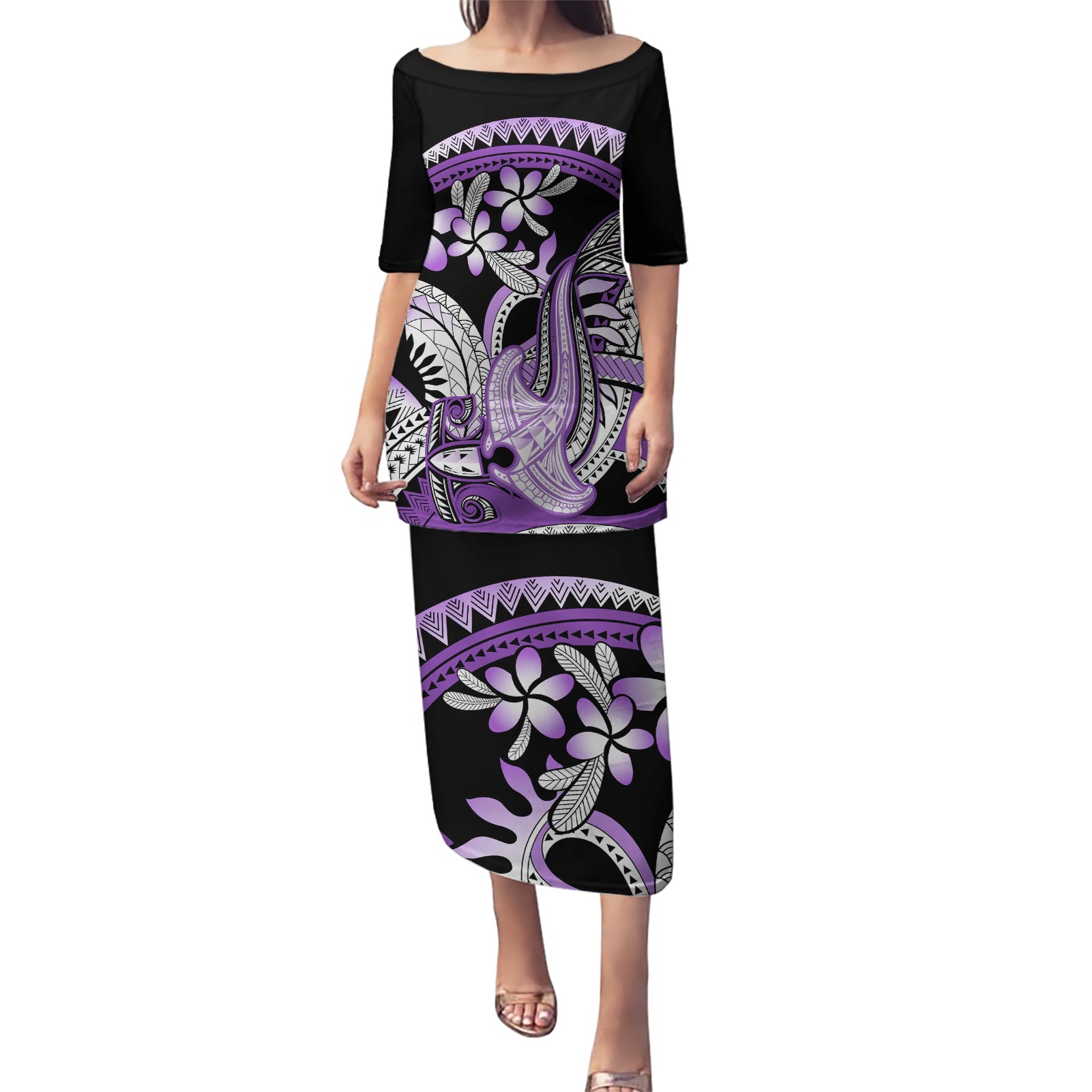 Purple Polynesian Puletasi Hammerhead Shark Tattoo Royal Plumeria Gradient Vibes LT14 Long Dress Purple - Polynesian Pride