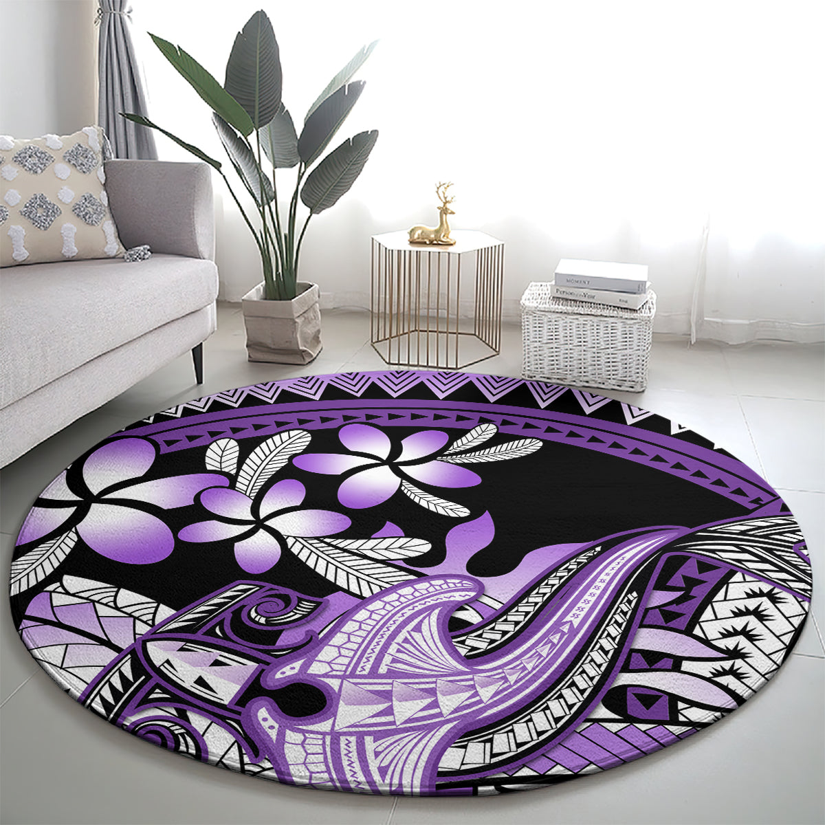 Purple Polynesian Round Carpet Hammerhead Shark Tattoo Royal Plumeria Gradient Vibes LT14 - Polynesian Pride