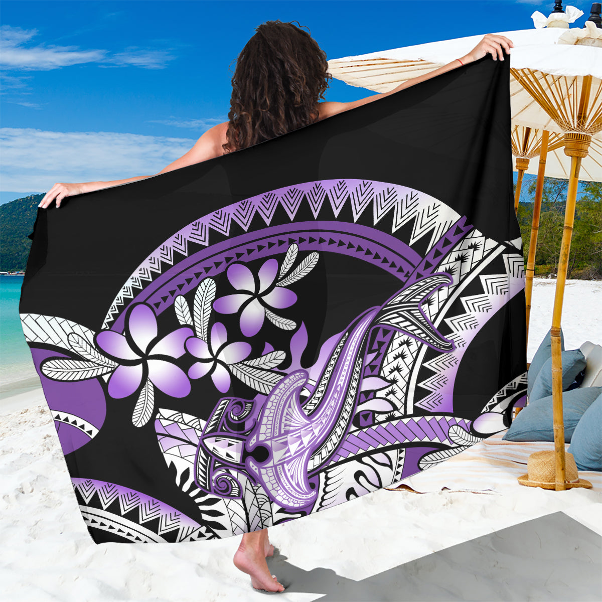 Purple Polynesian Sarong Hammerhead Shark Tattoo Royal Plumeria Gradient Vibes LT14 One Size 44 x 66 inches Purple - Polynesian Pride