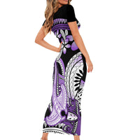 Purple Polynesian Short Sleeve Bodycon Dress Hammerhead Shark Tattoo Royal Plumeria Gradient Vibes LT14 - Polynesian Pride