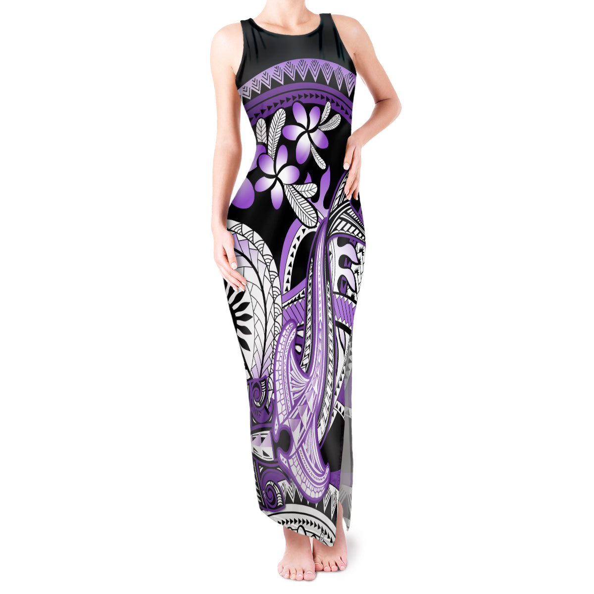 Purple Polynesian Tank Maxi Dress Hammerhead Shark Tattoo Royal Plumeria Gradient Vibes LT14 Women Purple - Polynesian Pride