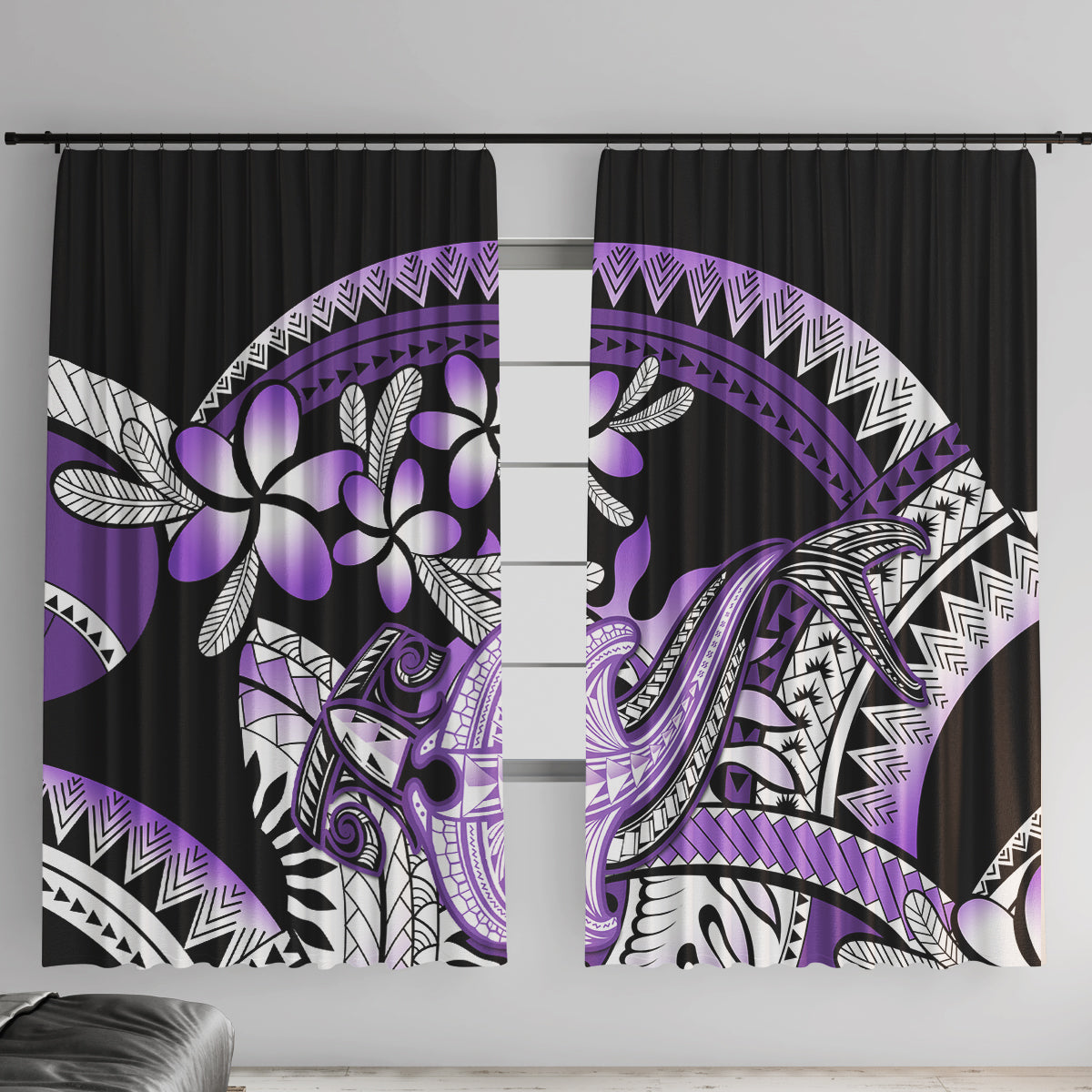 Purple Polynesian Window Curtain Hammerhead Shark Tattoo Royal Plumeria Gradient Vibes LT14 With Hooks Purple - Polynesian Pride