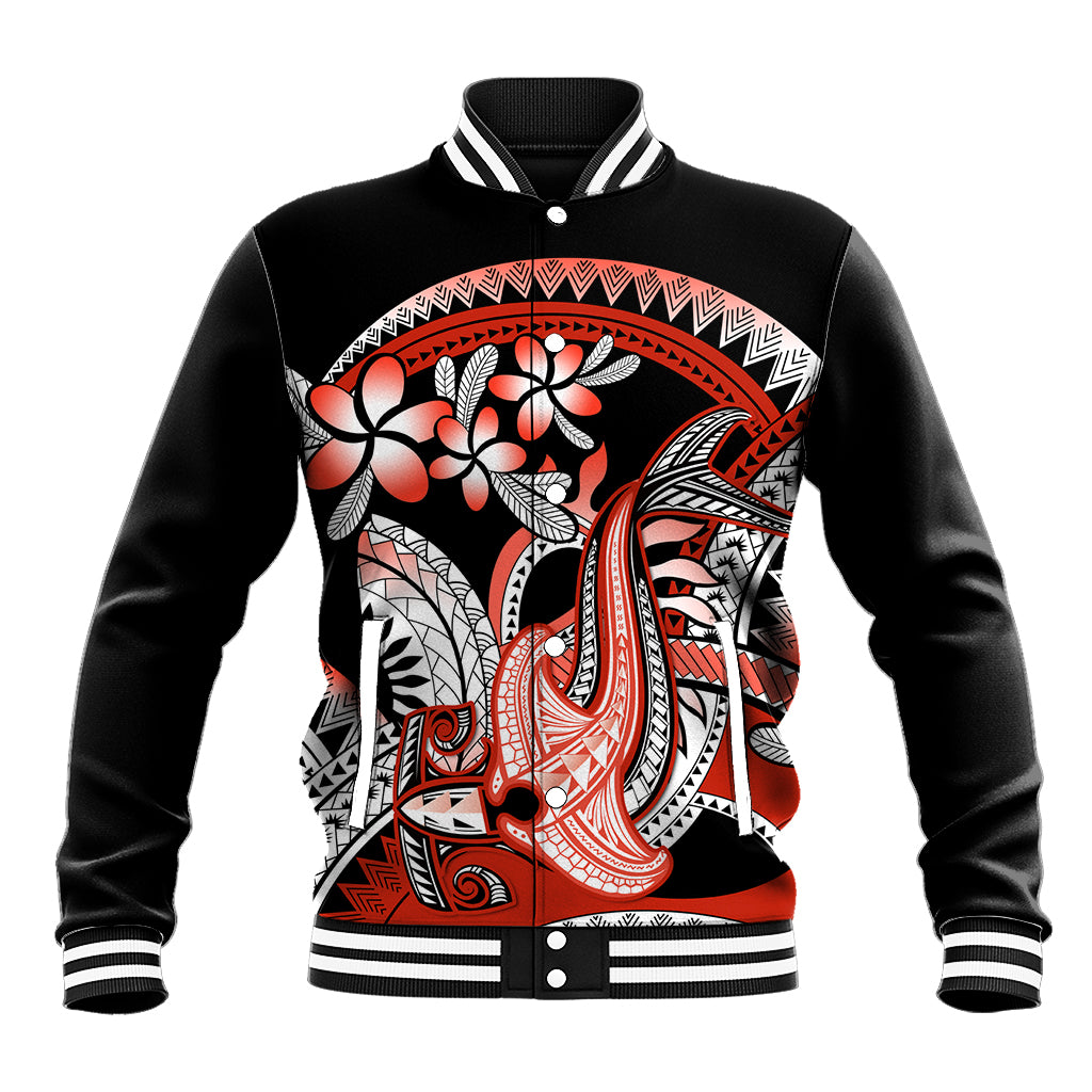 Red Polynesian Baseball Jacket Hammerhead Shark Tattoo Royal Plumeria Gradient Vibes LT14 Unisex Red - Polynesian Pride