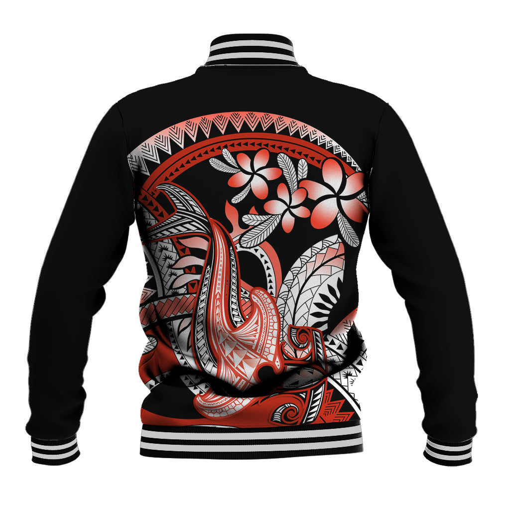 Red Polynesian Baseball Jacket Hammerhead Shark Tattoo Royal Plumeria Gradient Vibes LT14 - Polynesian Pride