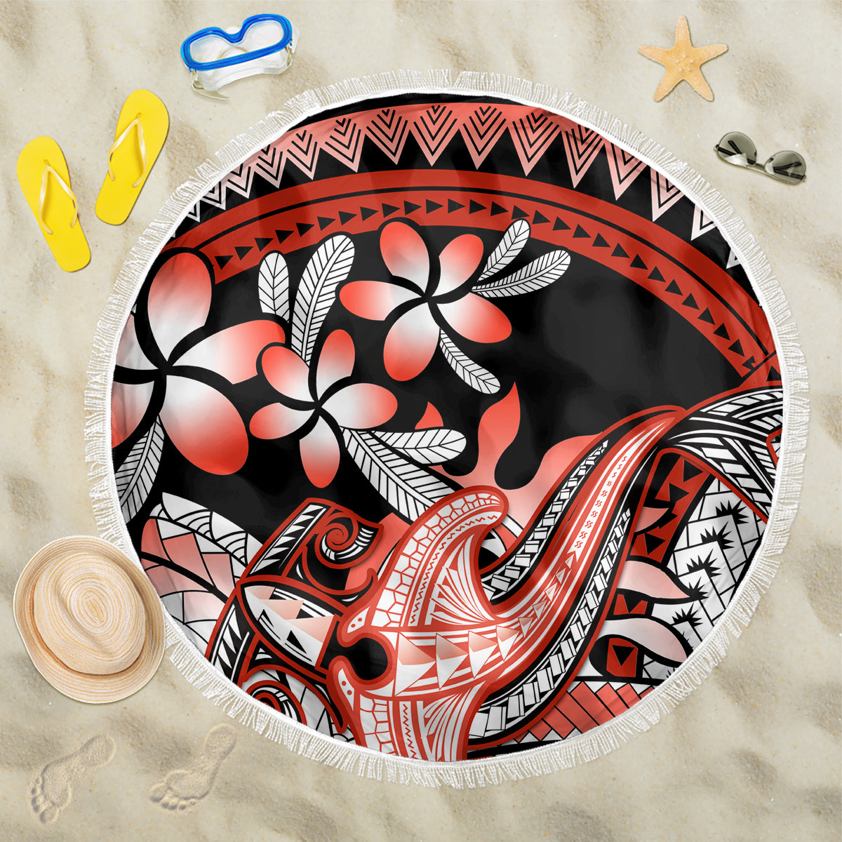 Red Polynesian Beach Blanket Hammerhead Shark Tattoo Royal Plumeria Gradient Vibes LT14 One Size 150cm Red - Polynesian Pride