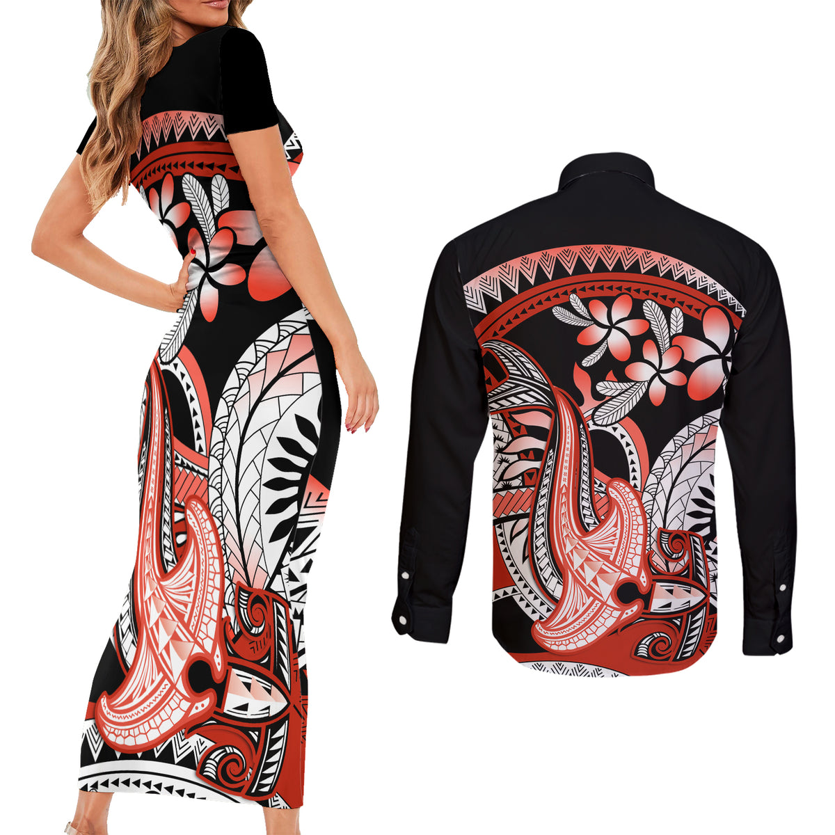 Red Polynesian Couples Matching Short Sleeve Bodycon Dress and Long Sleeve Button Shirt Hammerhead Shark Tattoo Royal Plumeria Gradient Vibes LT14 - Polynesian Pride