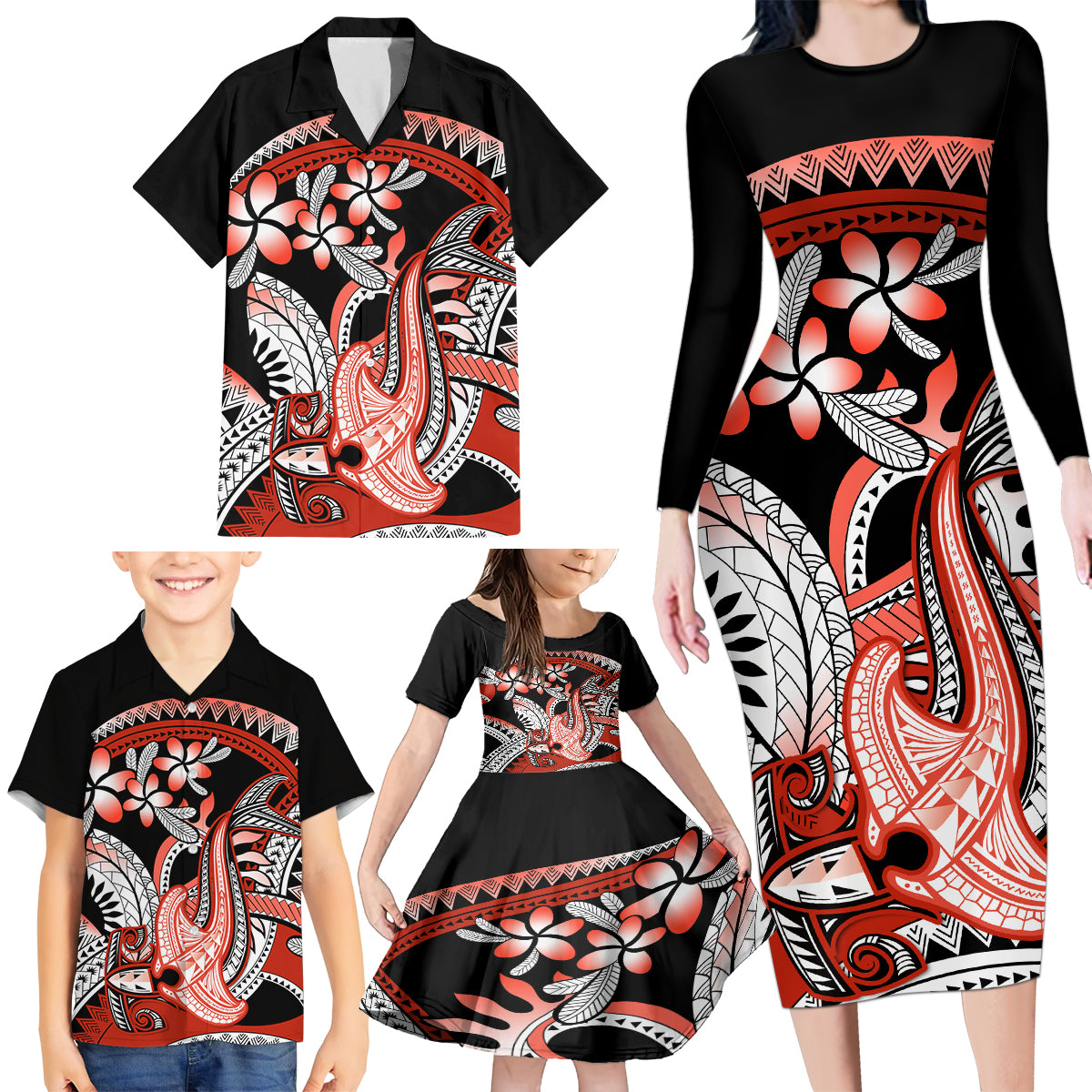 Red Polynesian Family Matching Long Sleeve Bodycon Dress and Hawaiian Shirt Hammerhead Shark Tattoo Royal Plumeria Gradient Vibes LT14 - Polynesian Pride