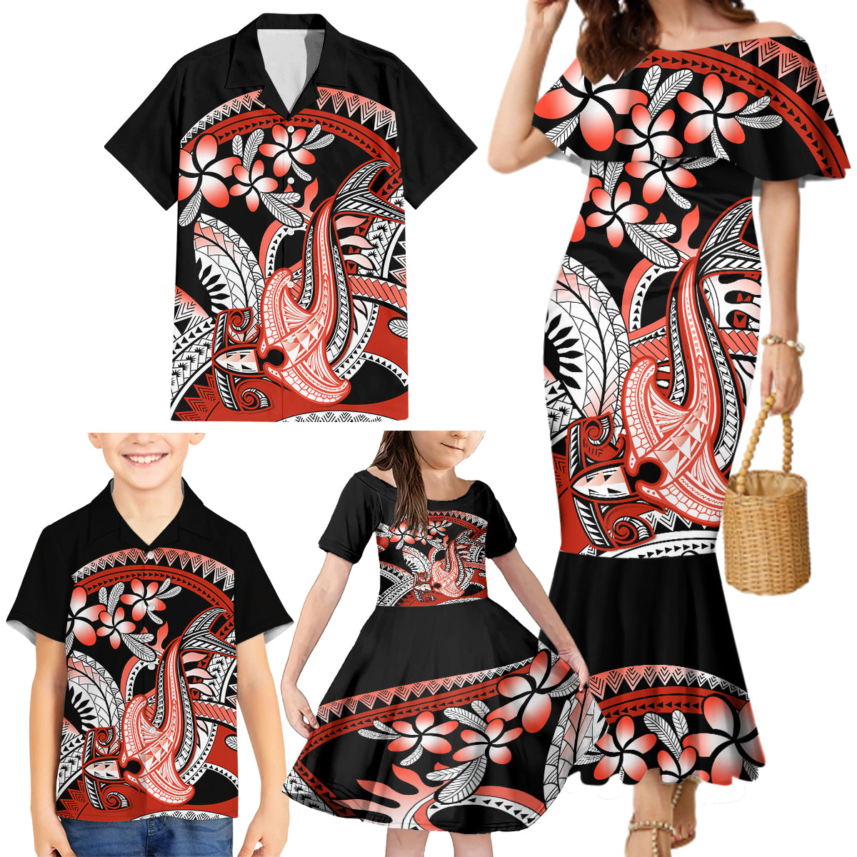 Red Polynesian Family Matching Mermaid Dress and Hawaiian Shirt Hammerhead Shark Tattoo Royal Plumeria Gradient Vibes LT14 - Polynesian Pride