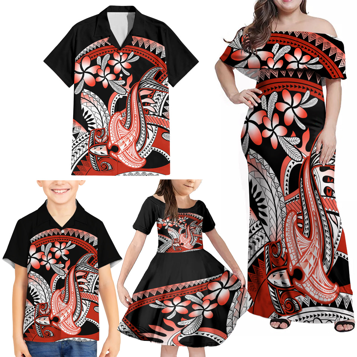 Red Polynesian Family Matching Off Shoulder Maxi Dress and Hawaiian Shirt Hammerhead Shark Tattoo Royal Plumeria Gradient Vibes LT14 - Polynesian Pride